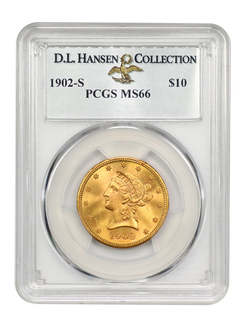 1902-S $10 Liberty Head Gold Coin PCGS MS66 D.L. Hansen: 1902-S $10 Liberty Head Gold Coin PCGS MS66 D.L. Hansen This stunning 1902-S $10 Liberty Head coin is certified by PCGS with a grade of MS66, indicating its uncirculated condition. Minted in San Franc