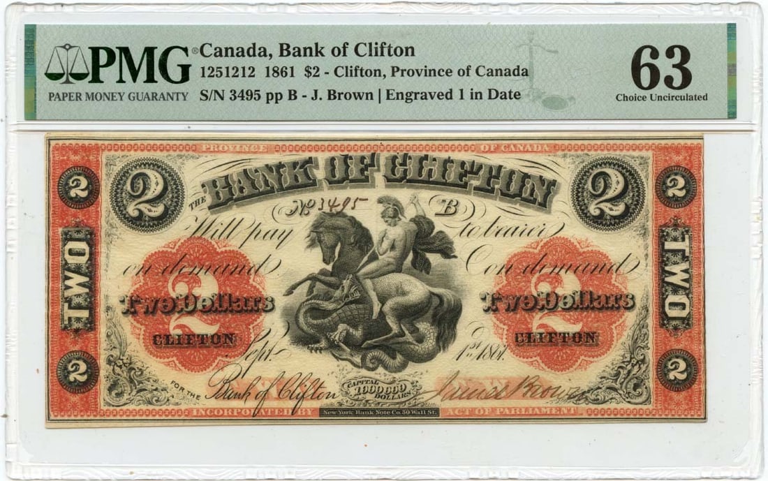 Bank of Clifton 1861 Canada $2 Province Note PMG Certified CU63: Bank of Clifton 1861 Canada $2 Province Note PMG Certified CU63 This 1861 $2 Province of Canada banknote from the Bank of Clifton is certified by PMG with a grade of CU63 Choice. The note is in pre-ow