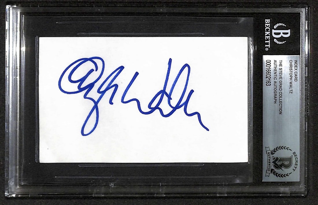 3x5 Index Card Autographed by Christoph Waltz Beckett Authenticated: 3x5 Index Card Autographed by Christoph Waltz Beckett Authenticated This is a 3x5 index card autographed in blue permanent marker by Christoph Waltz, known for his role as Hans Landa in the movie Ingl