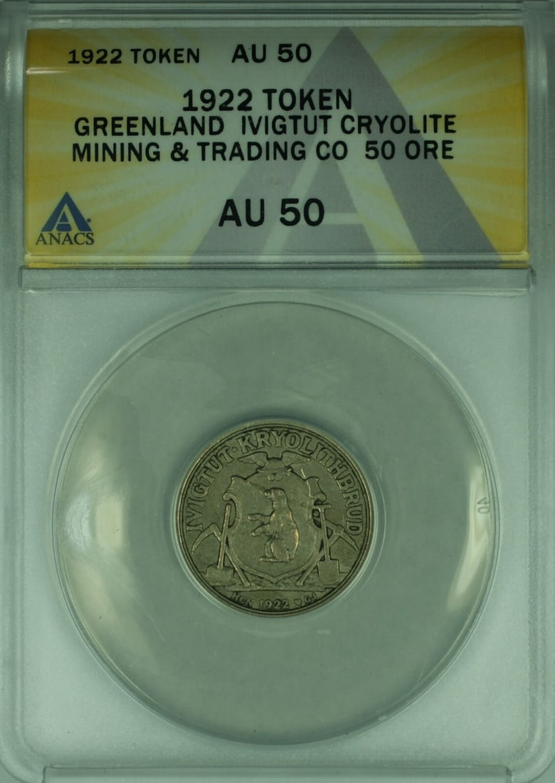 1922 Ivigtut 50 Ore Token ANACS AU-50 Denmark Cryolite Mining Tn47: 1922 Ivigtut 50 Ore Token ANACS AU-50 Denmark Cryolite Mining Tn47 This 1922 Greenland Ivigtut Cryolite Mining and Trading Company 50 Ore token is certified by ANACS with a grade of AU-50. Issued in D