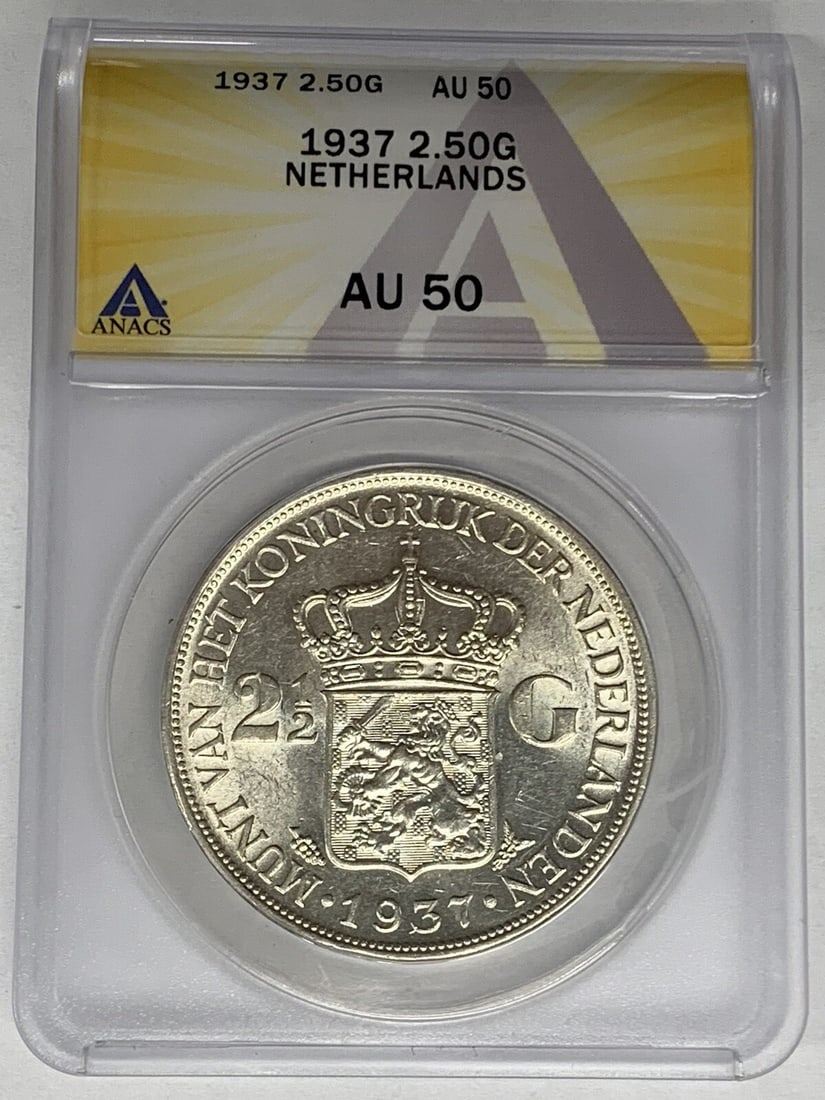 Netherlands 1937 2.50 Gulden Silver Coin ANACS AU 50 Certified: Netherlands 1937 2.50 Gulden Silver Coin ANACS AU 50 Certified This is a 1937 Netherlands 2.50 Gulden coin composed of silver. The coin is certified by ANACS with a grade of AU 50 and is in circulated