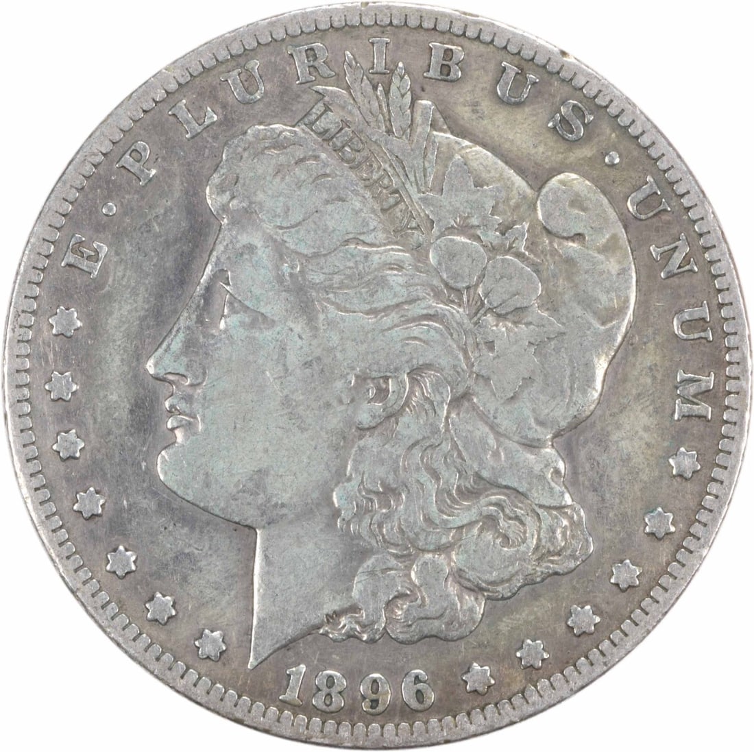 VF 1896 San Francisco Morgan Silver Dollar Uncertified Circulated Coin: VF 1896 San Francisco Morgan Silver Dollar Uncertified Circulated Coin This is an 1896-S Morgan Silver Dollar from the San Francisco Mint. The coin is composed of 90% silver and 10% copper, has a reed