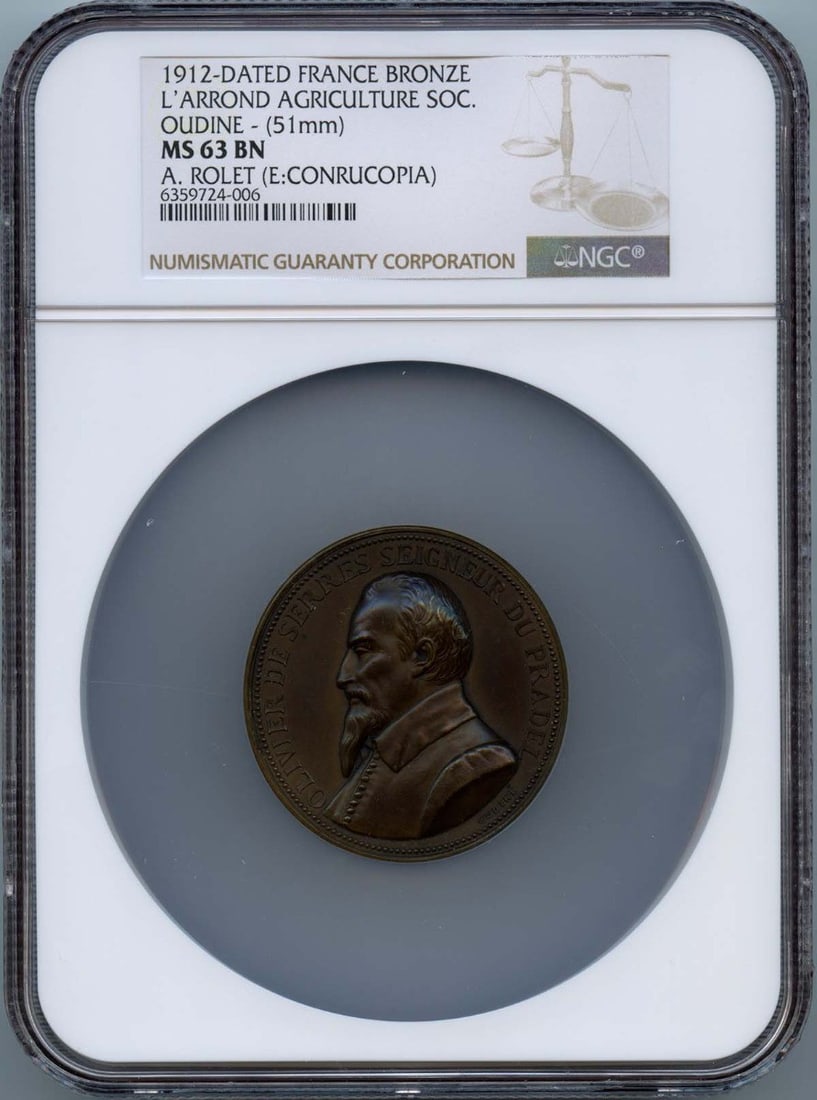 1912 Oudine L'Arrond Bronze Agricultural Medal France 51mm NGC MS63BN: 1912 Oudine L'Arrond Bronze Agricultural Medal France 51mm NGC MS63BN This 1912 France bronze L'Arrond Agricultural Medal was designed by Oudine. Certified by NGC with a grade of MS63BN, this pre-owne