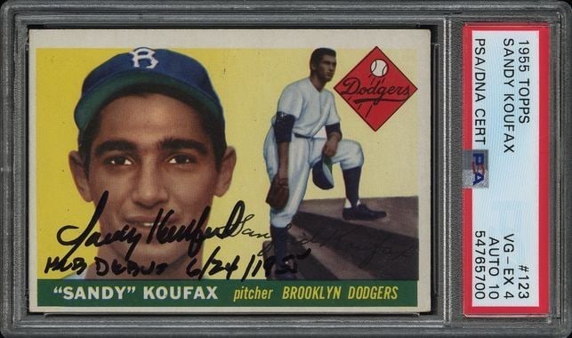 Sandy Koufax 1955 Topps Signed Rookie Card PSA 4 MLB Debut Inscribed: Sandy Koufax 1955 Topps Signed Rookie Card PSA 4 MLB Debut Inscribed This is a 1955 Topps Sandy Koufax signed rookie baseball card, representing a significant piece of sports memorabilia. The card fea