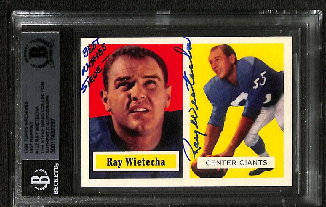 Ray Wietecha Signed 1994 Topps Archives 1957 #122 Card Beckett Authenticated: Ray Wietecha Signed 1994 Topps Archives 1957 #122 Card Beckett Authenticated This is an authentic sports trading card featuring Ray Wietecha, the New York Giants Center, from the 1994 Topps Archives 1