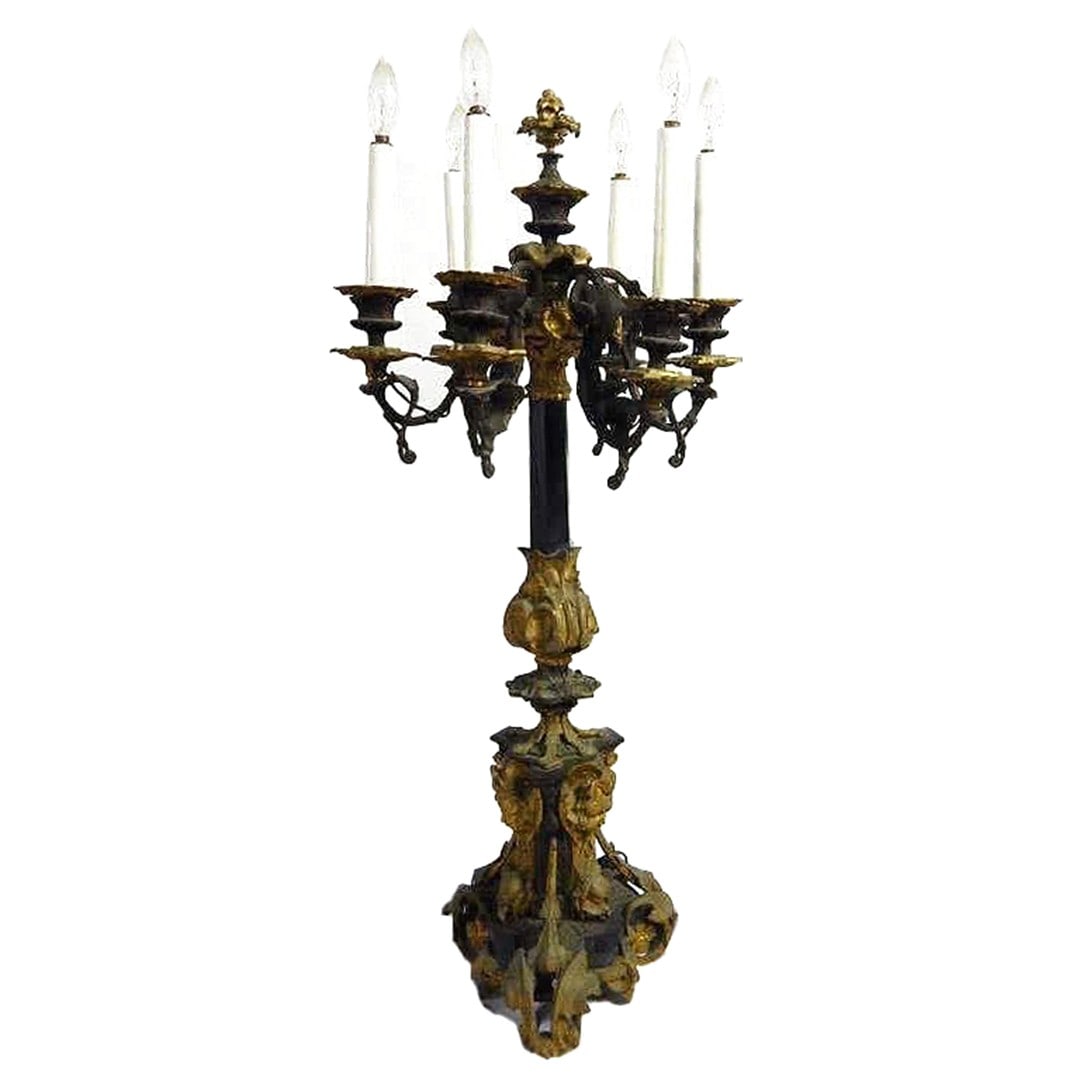 Art Nouveau Bronze Candelabra Six-Light European Style 1900: Art Nouveau Bronze Candelabra Six-Light European Style 1900 This exquisite Art Nouveau bronze candelabra, dating from the early 1900s, features a beautifully ornate design typical of the era. With six