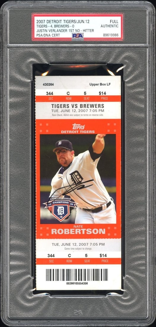 Justin Verlander Signed 1st No Hitter Ticket PSA/DNA Authenticated Detroit Tigers: Justin Verlander Signed 1st No Hitter Ticket PSA/DNA Authenticated Detroit Tigers This is an original signed ticket stub from Justin Verlander's first no-hitter, featuring his autograph. Verlander is