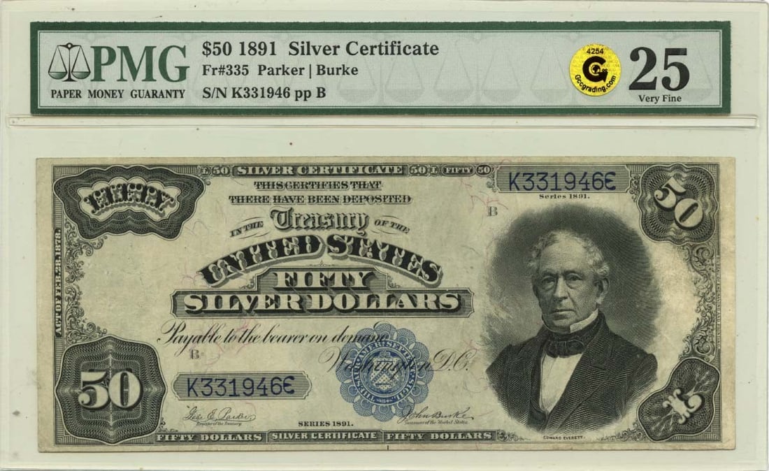 1891 Fifty Dollar Silver Certificate PMG VF25 United States: 1891 Fifty Dollar Silver Certificate PMG VF25 United States This is an 1891 $50 Silver Certificate from the United States, graded VF25 (Very Fine) by PMG. The bill is circulated and pre-owned, offerin