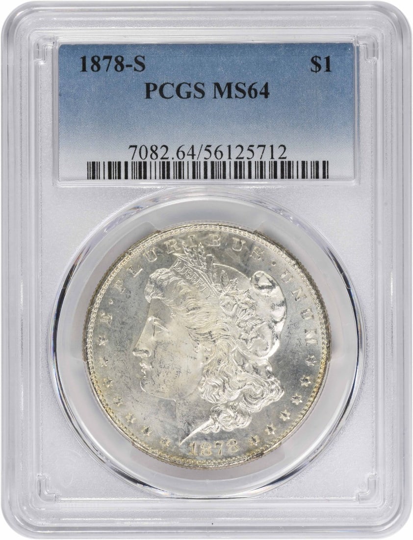 MS64 Graded 1878 San Francisco Morgan Dollar 90 Percent Silver by PCGS: MS64 Graded 1878 San Francisco Morgan Dollar 90 Percent Silver by PCGS This 1878-S Morgan Silver Dollar is certified MS64 by PCGS. It is composed of 90% silver and 10% copper, features a reeded edge,