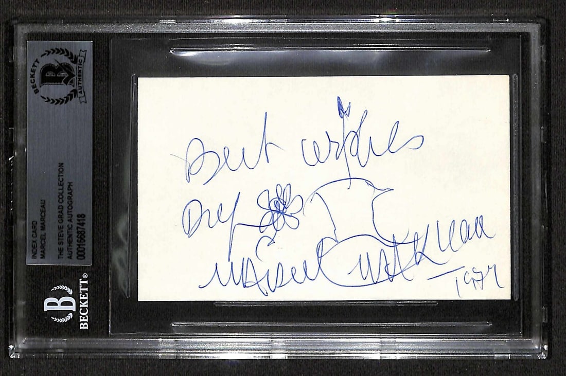 Marcel Marceau Signed 3x5 Index Card Beckett Authenticated: Marcel Marceau Signed 3x5 Index Card Beckett Authenticated This is an autographed 3x5 index card signed by the legendary mime artist Marcel Marceau, known for his iconic character Bip the Clown. The s