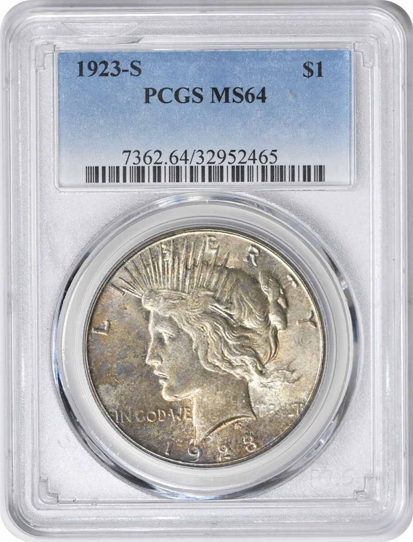 1923-S Peace Silver Dollar MS64 Certified by PCGS: 1923-S Peace Silver Dollar MS64 Certified by PCGS This 1923-S Peace Silver Dollar is a stunning example of American coinage, certified by PCGS with a grade of MS64. Minted in San Francisco, this uncir