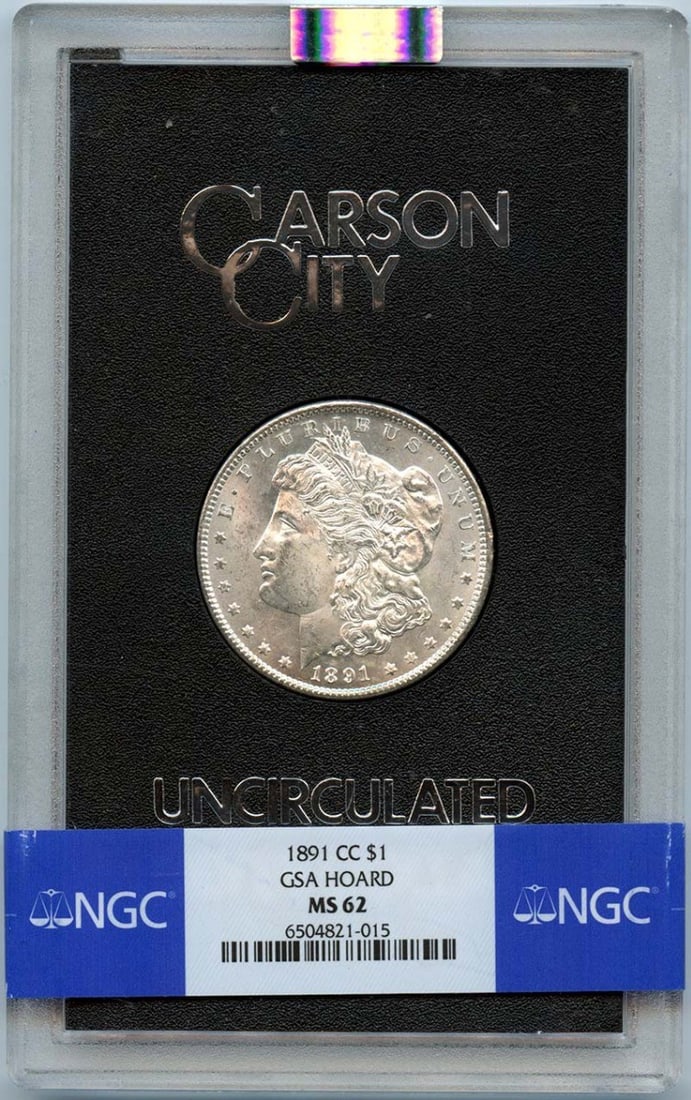 NGC MS62 GSA Hoard 1891 Carson City Morgan Silver Dollar: NGC MS62 GSA Hoard 1891 Carson City Morgan Silver Dollar This is an uncirculated 1891-CC Morgan Dollar from the GSA Hoard, certified by NGC with a grade of MS62. The coin was minted in Carson City and
