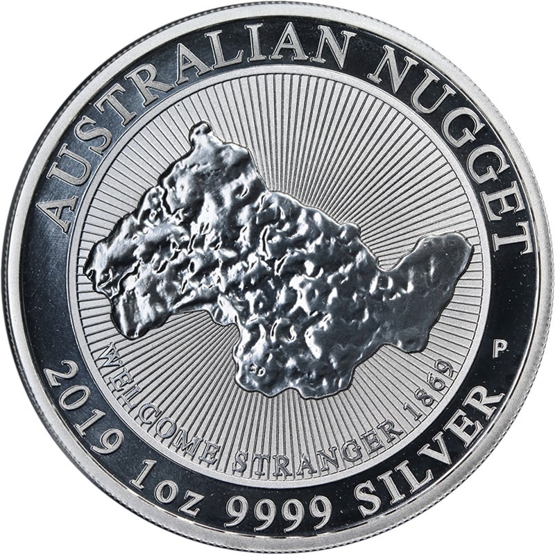 2019 Silver One Dollar Coin Welcome Stranger Nugget from Australia: 2019 Silver One Dollar Coin Welcome Stranger Nugget from Australia This is a 2019 Australia 1 Ounce Silver $1 Welcome Stranger Nugget coin, featuring 99.99% fine silver. The coin is in uncirculated mi