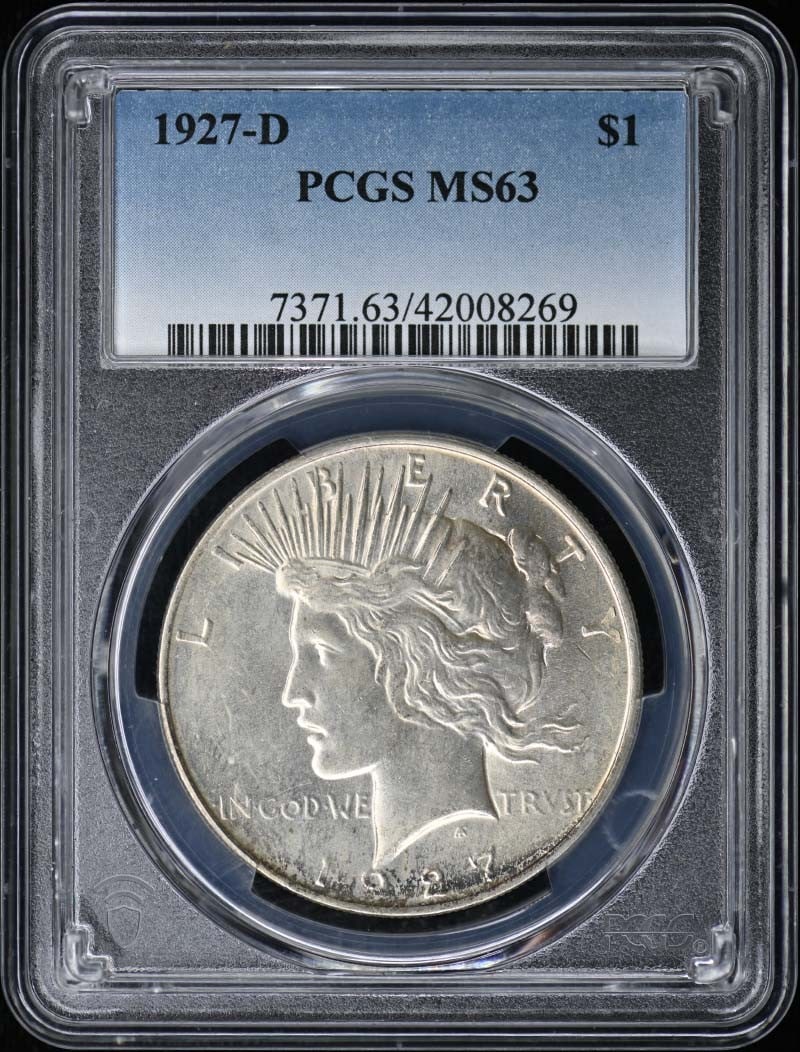 PCGS MS63 1927 Denver Mint Peace Silver Dollar: PCGS MS63 1927 Denver Mint Peace Silver Dollar This 1927-D Peace Dollar is a United States silver coin graded MS63 by PCGS. Struck at the Denver Mint, it is an uncirculated example from the Peace Doll