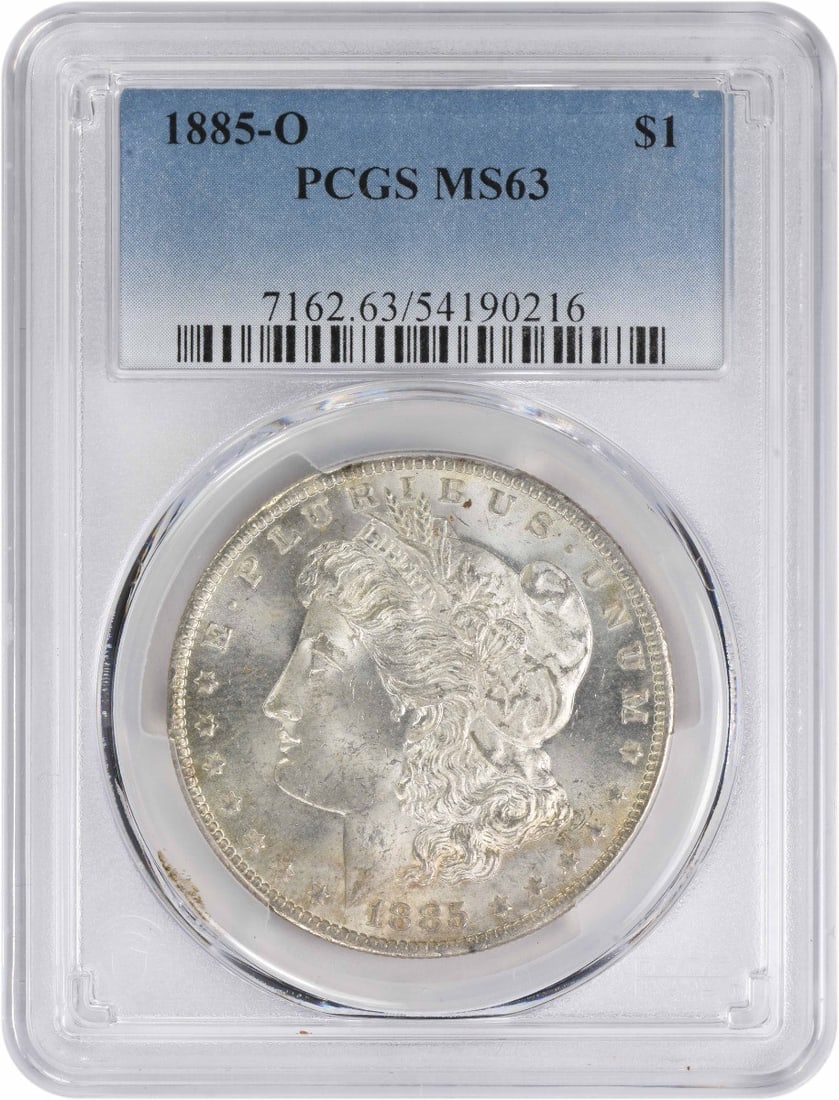 PCGS MS63 1885-O Morgan Dollar New Orleans 90 Silver Certified: PCGS MS63 1885-O Morgan Dollar New Orleans 90 Silver Certified This 1885-O Morgan Silver Dollar is certified MS63 by PCGS. Featuring a composition of 90% silver and 10% copper, this uncirculated coin