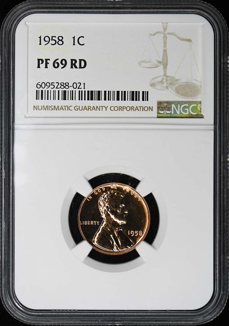 1958 Lincoln Cent Proof NGC PR69RD Red Philadelphia: 1958 Lincoln Cent Proof NGC PR69RD Red Philadelphia This 1958 Lincoln Cent features the wheat reverse design and is a proof coin graded PR69RD by NGC. Struck at the Philadelphia Mint, this uncirculate