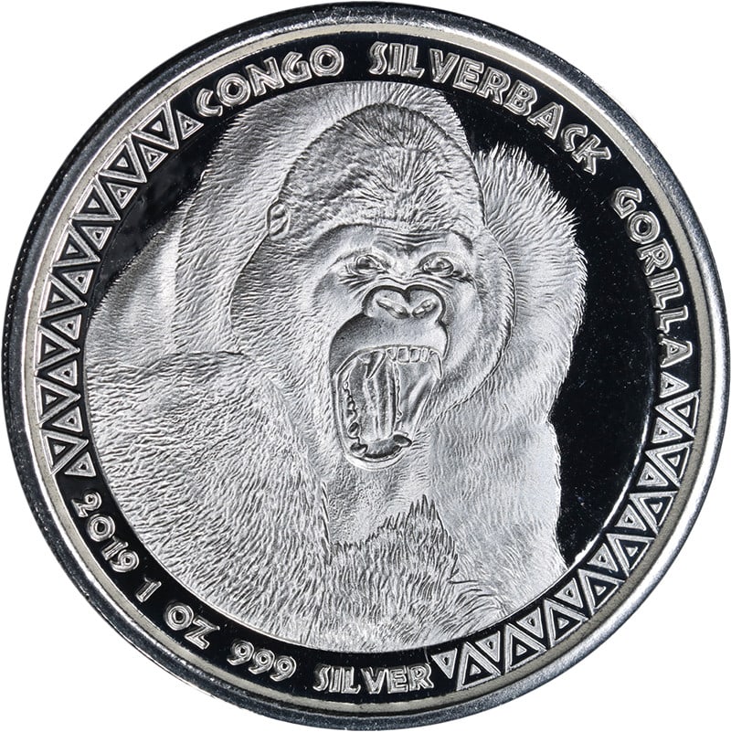 2017 Congo Silver 5000 Francs 1 Oz Silverback Gorilla Coin 999 Fine: 2017 Congo Silver 5000 Francs 1 Oz Silverback Gorilla Coin 999 Fine This 2017 Congo 1 Ounce Silver 5000 Francs CFA coin features a Silverback Gorilla design and is struck in 99.9% fine silver. The coi