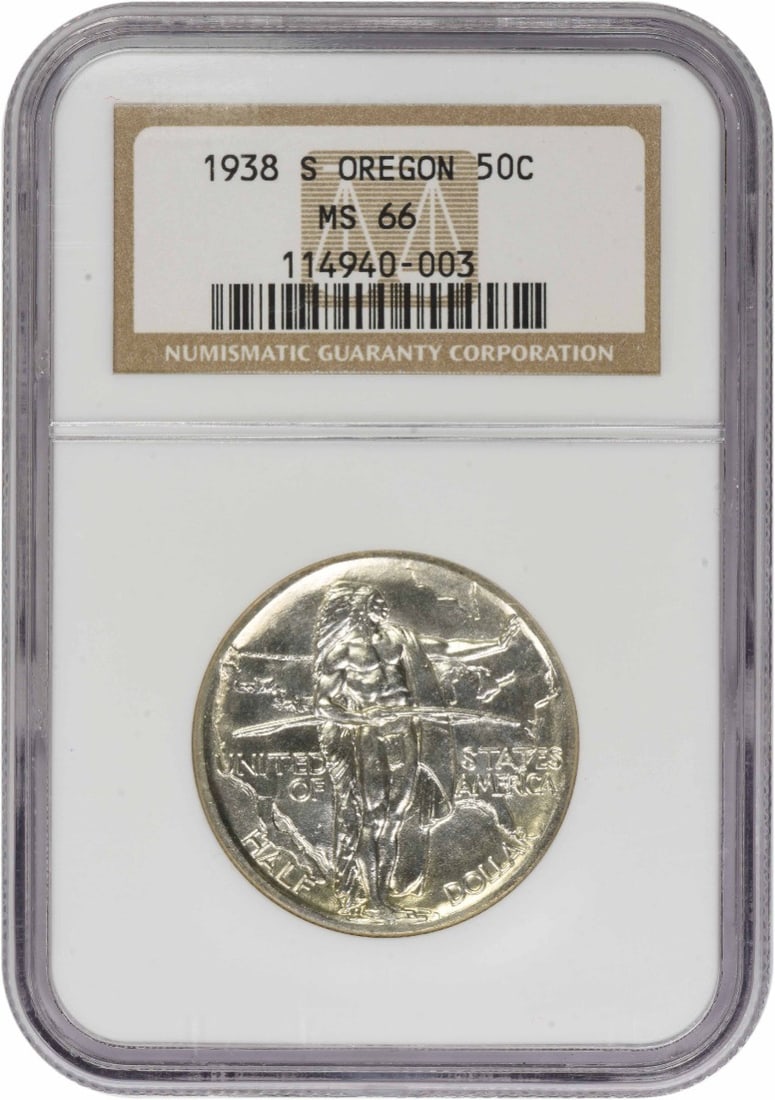 Oregon 1938-S Silver Commemorative Half Dollar NGC MS66: Oregon 1938-S Silver Commemorative Half Dollar NGC MS66 This 1938-S Oregon Commemorative Silver Half Dollar is graded MS66 by NGC, indicating an uncirculated and high-quality example. Struck in San Fr