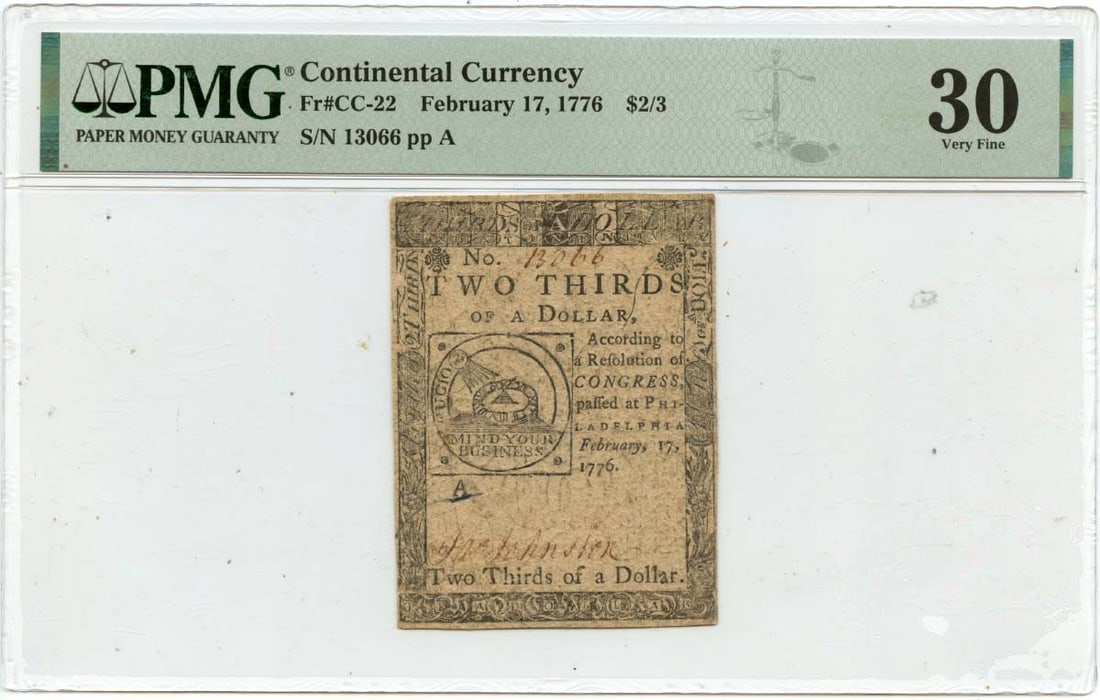 Continental Currency $2/3 February 17 1776 PMG VF30 United States Note: Continental Currency $2/3 February 17 1776 PMG VF30 United States Note This is a 1776 February 17 $2/3 Continental Currency note, certified by PMG with a grade of VF30. The note is circulated and orig
