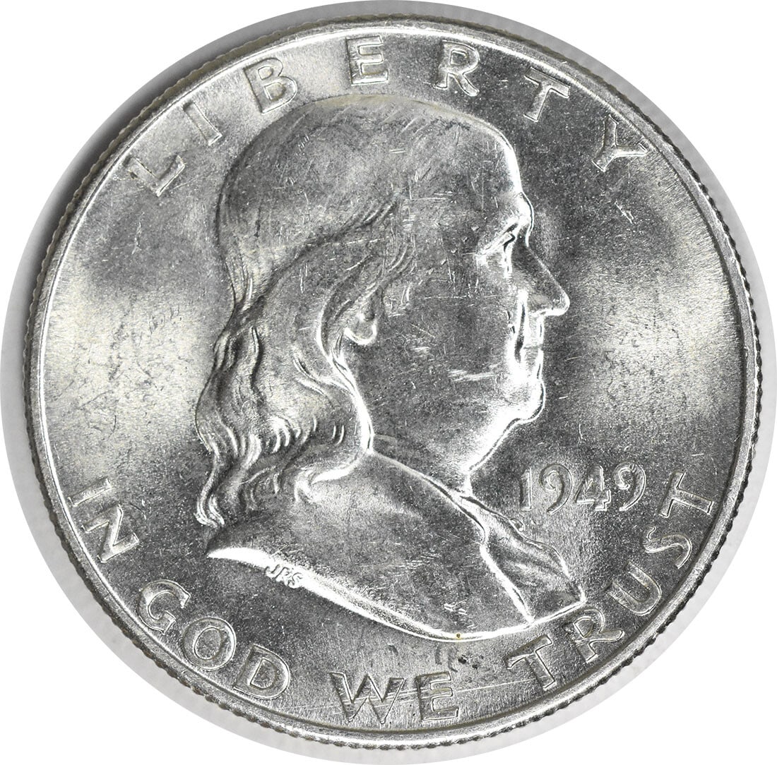 Choice BU 1949-S Silver Franklin Half Dollar Uncertified Coin: Choice BU 1949-S Silver Franklin Half Dollar Uncertified Coin This is a 1949-S Franklin Silver Half Dollar from the United States. The coin is uncirculated and graded as Choice BU. It is composed of s
