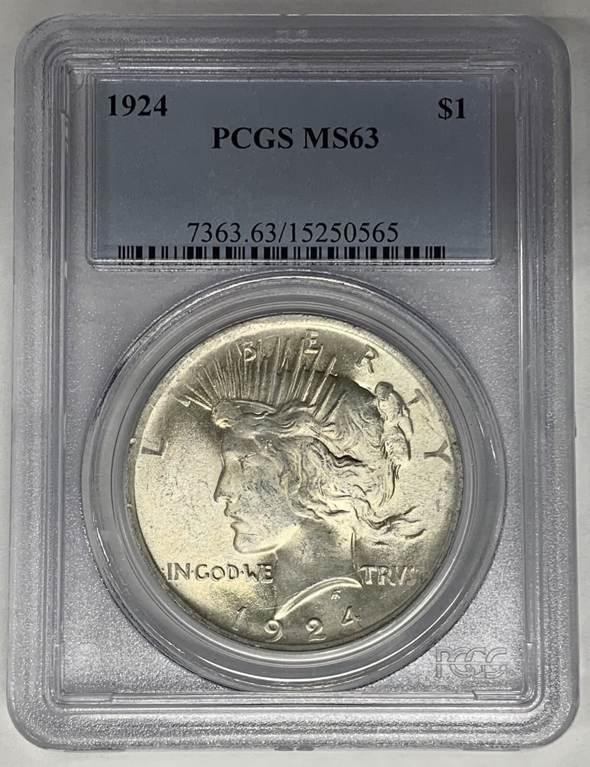 PCGS Certified MS 63 1924 Peace Dollar Uncirculated Silver Coin: PCGS Certified MS 63 1924 Peace Dollar Uncirculated Silver Coin This is a 1924 Peace Silver Dollar coin from the United States, graded MS 63 by PCGS. The coin is uncirculated and composed of silver. I