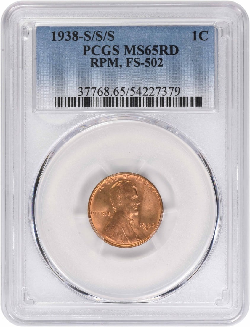 PCGS MS65 Red 1938 San Francisco Lincoln Wheat Cent RPM FS-502: PCGS MS65 Red 1938 San Francisco Lincoln Wheat Cent RPM FS-502 This is a 1938-S/S Lincoln Wheat Cent featuring the RPM FS-502 variety, certified by PCGS with a grade of MS65RD. The coin is uncirculate