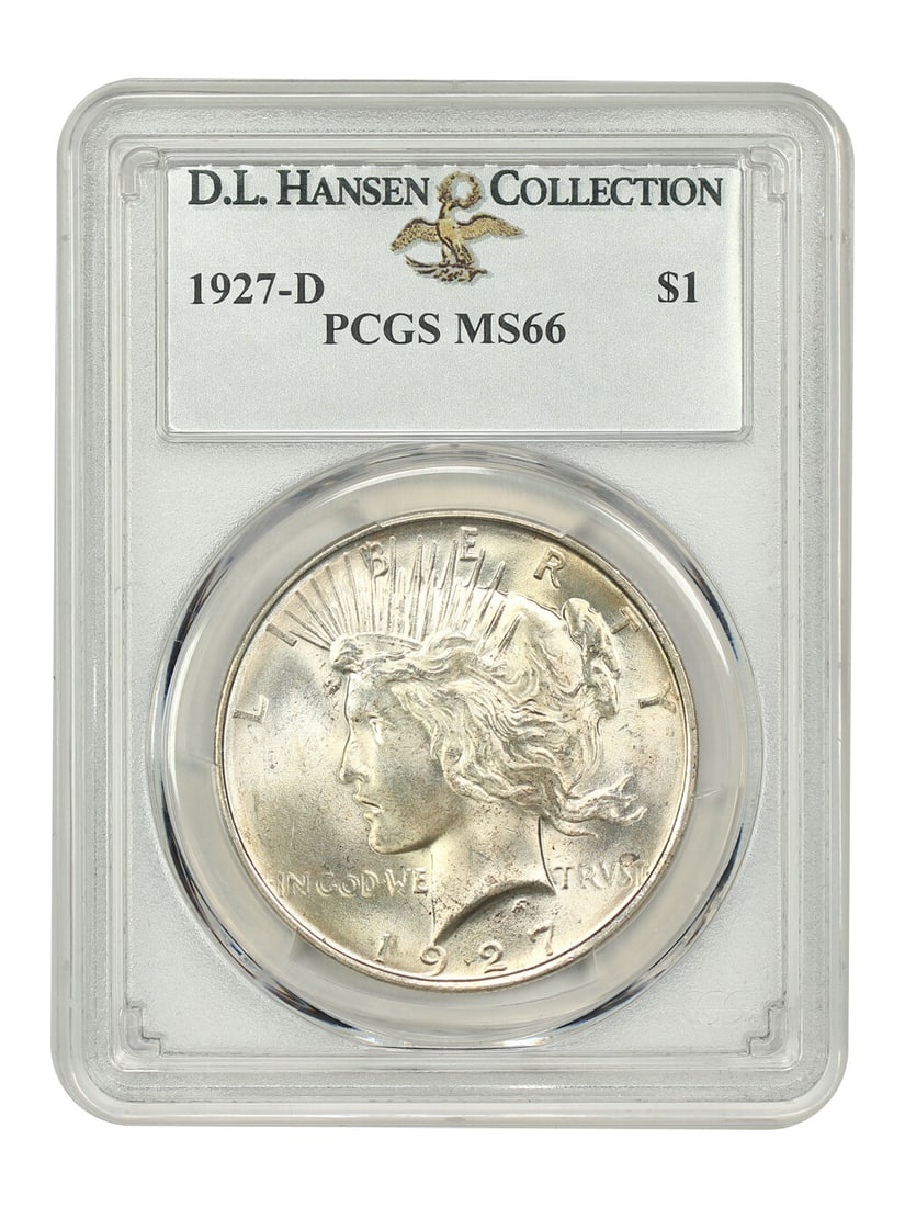 1927-D Peace Dollar $1 PCGS MS66 Uncirculated D.L. Hansen: 1927-D Peace Dollar $1 PCGS MS66 Uncirculated D.L. Hansen Presenting a stunning 1927-D $1 Peace Dollar, certified by PCGS with a remarkable grade of MS66. This uncirculated coin showcases a completely