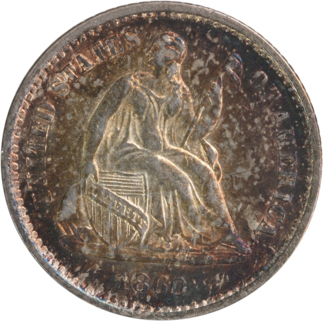 1860-O Liberty Seated Half Dime AU Silver Coin by Longacre: 1860-O Liberty Seated Half Dime AU Silver Coin by Longacre This 1860-O Liberty Seated Silver Half Dime is a historical coin with a striking design by James Barton Longacre. It features a composition o