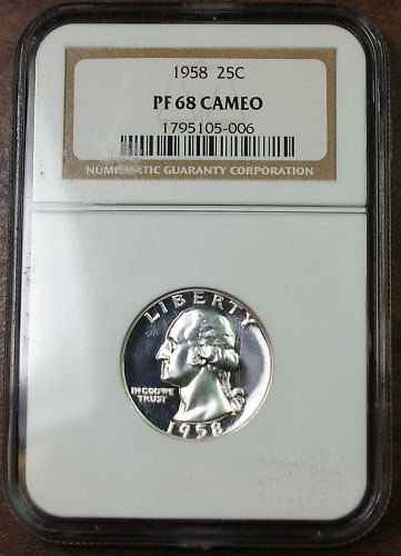 NGC Certified 1958 Silver Proof Washington Quarter PF-68 Cameo: NGC Certified 1958 Silver Proof Washington Quarter PF-68 Cameo This is a 1958 Washington Quarter struck in silver, graded PF-68 CAMEO by NGC. The coin was minted in Philadelphia and features a proof s