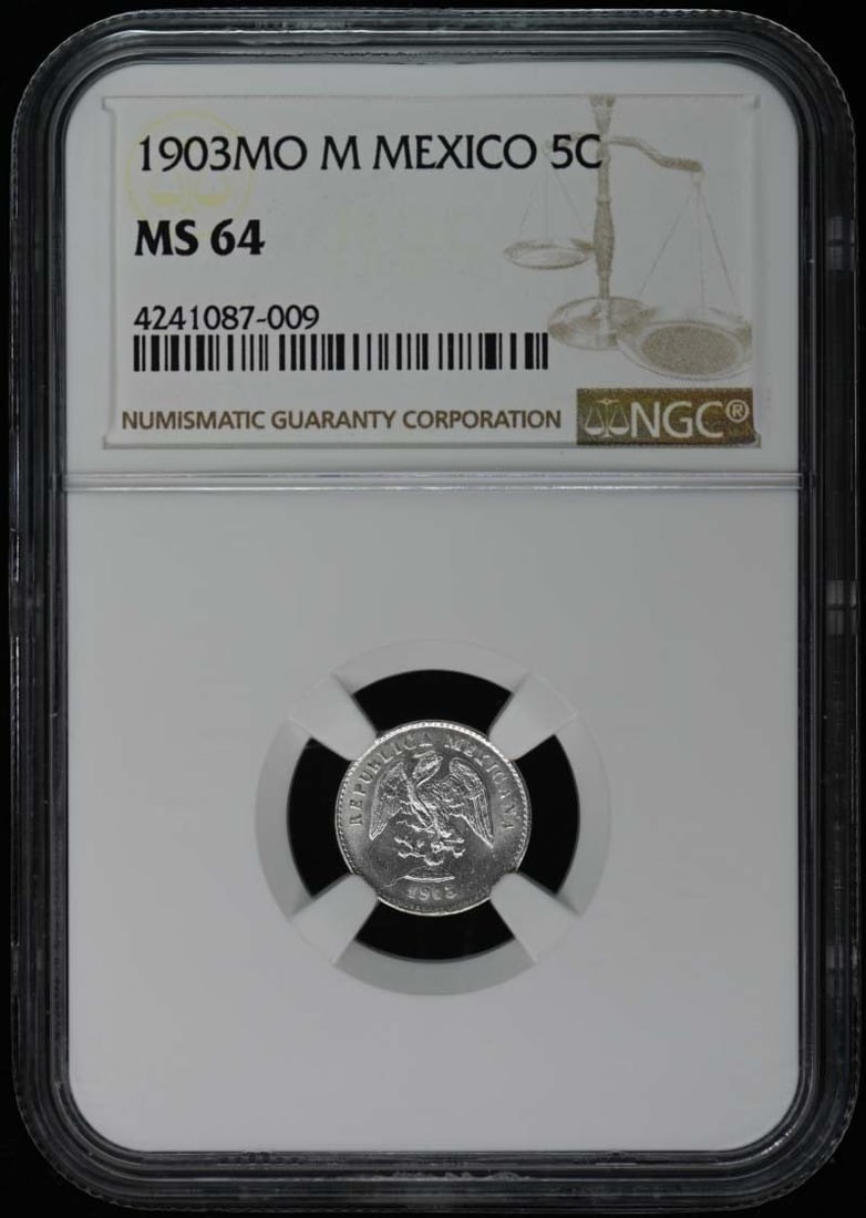 1903 Mexico 5 Cent Coin NGC MS64 Uncirculated: 1903 Mexico 5 Cent Coin NGC MS64 Uncirculated This 1903 Mexican 5 Cent coin is graded MS64 by NGC, indicating an uncirculated condition. It is a beautiful representation of early 20th-century Mexican