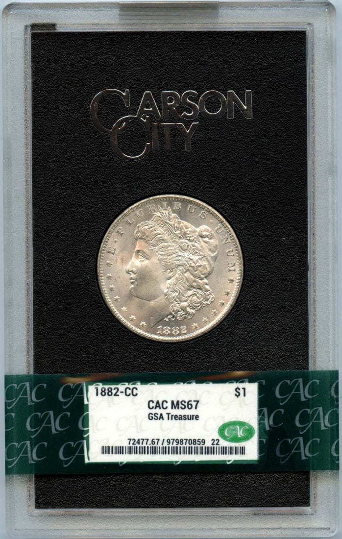 Carson City 1882 Morgan Dollar Silver Coin CACG MS67 GSA Hoard: Carson City 1882 Morgan Dollar Silver Coin CACG MS67 GSA Hoard This is an 1882-CC Morgan Dollar from the GSA Hoard, professionally graded MS67 by CACG. Struck at the Carson City Mint, this uncirculate