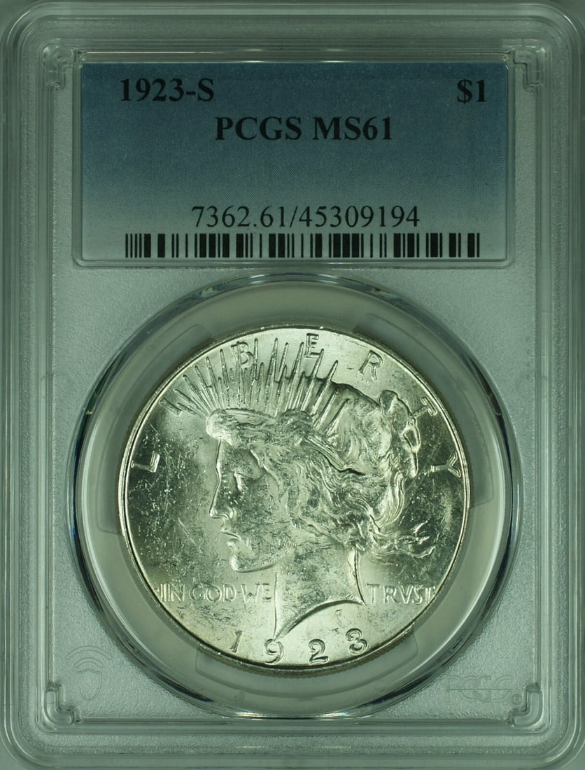 PCGS MS 61 1923 San Francisco Peace Dollar Silver Coin: PCGS MS 61 1923 San Francisco Peace Dollar Silver Coin This 1923-S Peace Silver Dollar is graded MS-61 by PCGS and was minted in San Francisco. The coin is uncirculated and composed of silver, represe