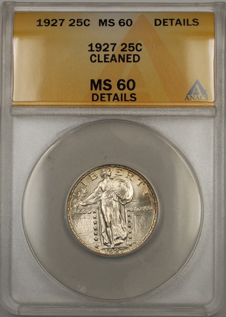 1927 Silver Standing Liberty Quarter ANACS MS-60 Cleaned Philadelphia Mint: 1927 Silver Standing Liberty Quarter ANACS MS-60 Cleaned Philadelphia Mint This 1927 Standing Liberty Quarter features a Full Head design and has been certified by ANACS with a grade of MS-60. The coi