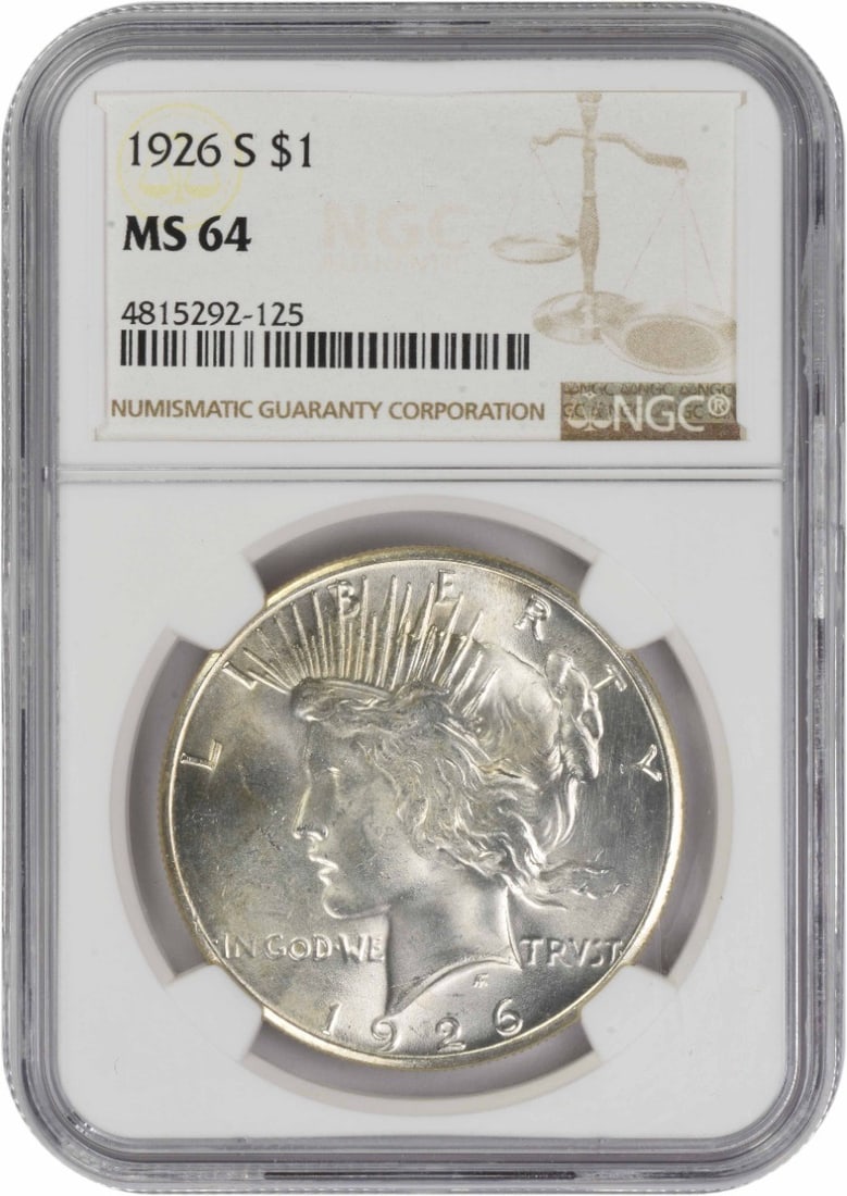 MS64 1926 San Francisco Peace Dollar NGC Certified Silver Coin: MS64 1926 San Francisco Peace Dollar NGC Certified Silver Coin This is a 1926-S Peace Silver Dollar graded MS64 by NGC. The coin is uncirculated and features the Peace design. It is composed of silver