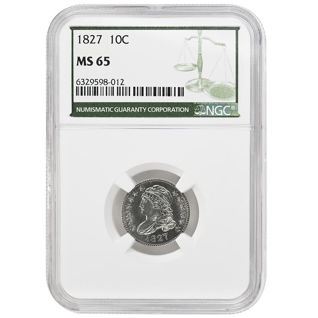 NGC MS65 1827 Capped Bust Dime Silver Coin Type 1 Large Dentils JR-5 R3: NGC MS65 1827 Capped Bust Dime Silver Coin Type 1 Large Dentils JR-5 R3 This 1827 Capped Bust Dime is a rare and highly collectible coin from the United States, struck at the Philadelphia Mint. Compos