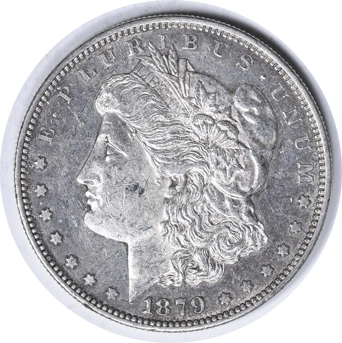 AU 1879-S Morgan Dollar Reverse 1878 Uncertified US Silver Coin: AU 1879-S Morgan Dollar Reverse 1878 Uncertified US Silver Coin This 1879-S Morgan Silver Dollar features the Reverse of 1878 and is in About Uncirculated (AU) condition. The coin is composed of 90% s