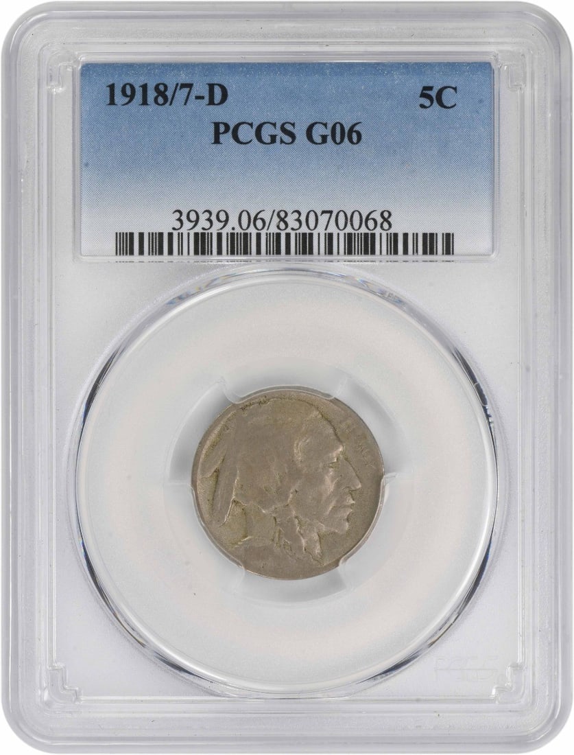 PCGS Graded 1918 Over 7 Denver Buffalo Nickel Five Cent Coin: PCGS Graded 1918 Over 7 Denver Buffalo Nickel Five Cent Coin This 1918/7-D Buffalo Nickel is a circulated coin graded G06 by PCGS. Minted in Denver, it features the iconic design by James Earle Fraser