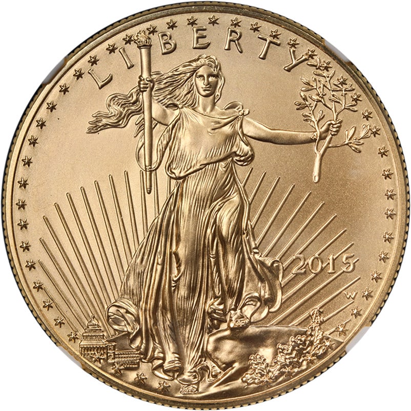 NGC MS70 2015-W $50 Gold Eagle Burnished First Day Issue Coin: NGC MS70 2015-W $50 Gold Eagle Burnished First Day Issue Coin This is an original 2015-W Gold American Eagle $50 coin, certified by NGC with a grade of MS70. The coin features a burnished finish and b