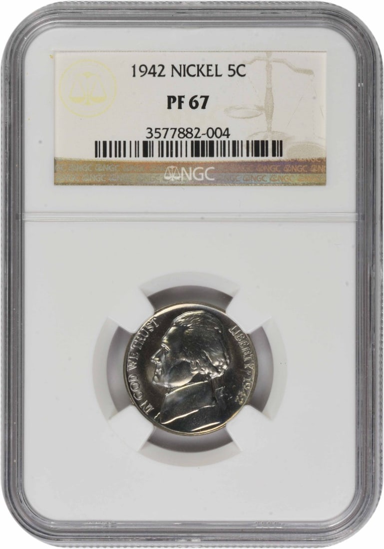 Proof 1942 Jefferson Five Cent Coin PR67 NGC Certified: Proof 1942 Jefferson Five Cent Coin PR67 NGC Certified This is a 1942 Jefferson Nickel Type 1 graded PR67 by NGC. Struck as a proof coin at the Philadelphia Mint, it features a composition of 75% copp