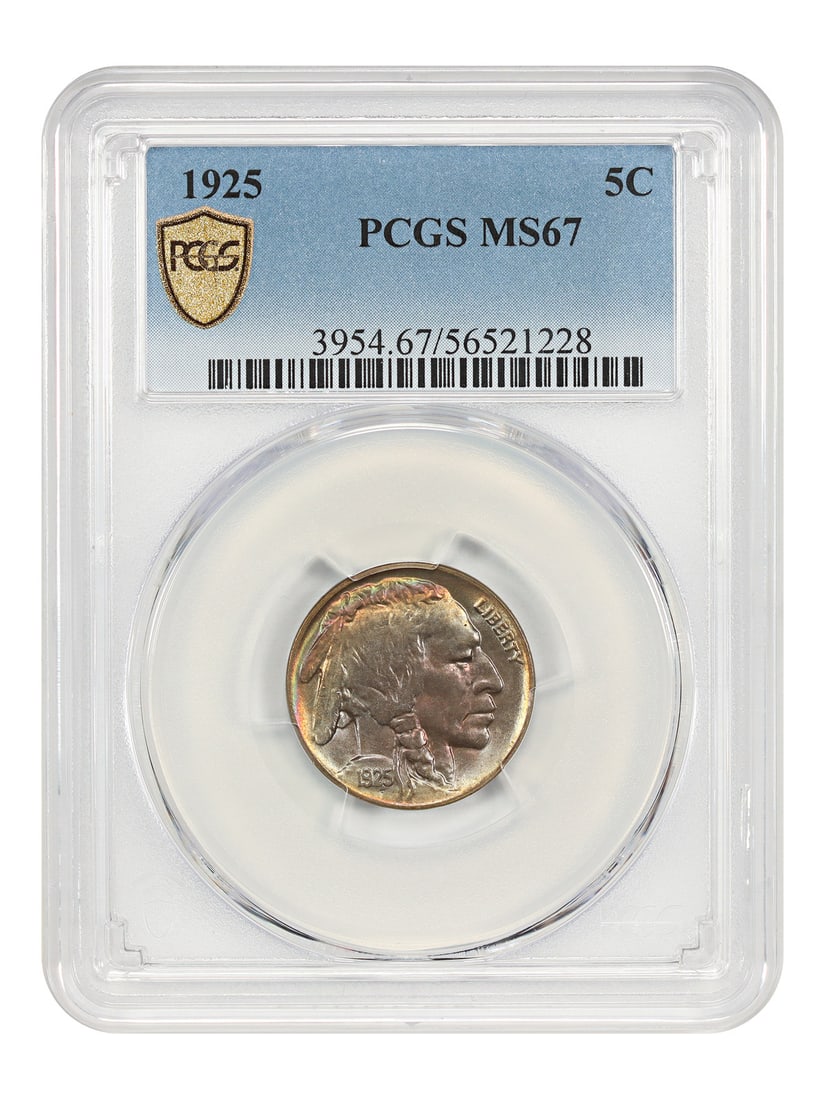 1925 Buffalo Nickel PCGS MS67 Philadelphia Five Cent Uncirculated Coin: 1925 Buffalo Nickel PCGS MS67 Philadelphia Five Cent Uncirculated Coin This is a 1925 Buffalo Nickel with a denomination of 5 cents, certified by PCGS with a grade of MS67. The coin is uncirculated an