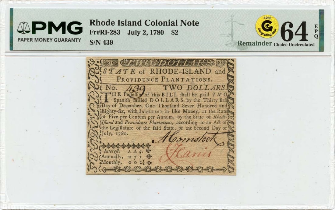 PMG Certified 1780 $2 Rhode Island Colonial Currency Note FR#RI-283 CU64 EPQ: PMG Certified 1780 $2 Rhode Island Colonial Currency Note FR#RI-283 CU64 EPQ This is a $2 Rhode Island Colonial Note dated July 2, 1780. The note is certified by PMG with a grade of CU64 EPQ, indicati
