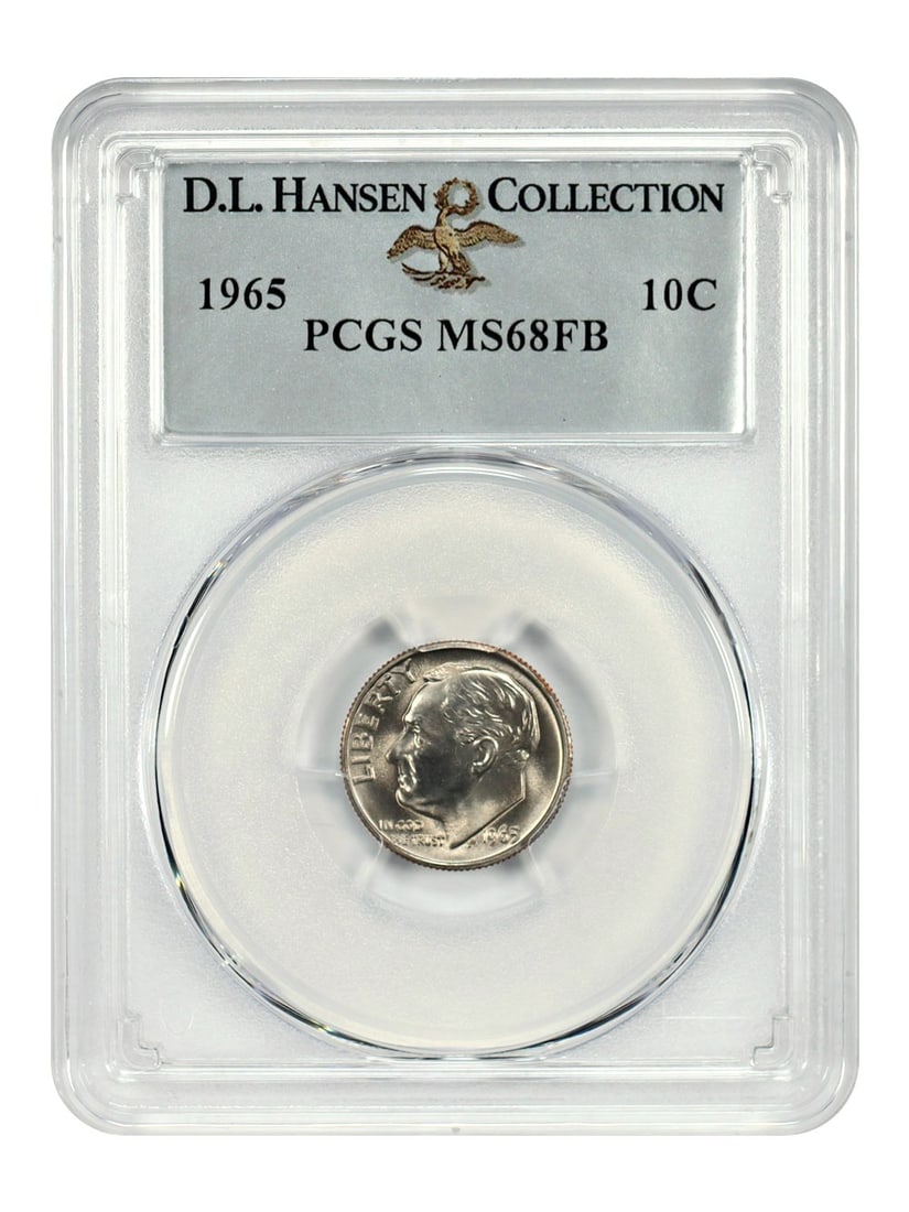 PCGS MS68FB Roosevelt Dime 1965 10C Ex D L Hansen Finest Known: PCGS MS68FB Roosevelt Dime 1965 10C Ex D L Hansen Finest Known This 1965 Roosevelt Dime is a 10-cent coin graded MS68FB by PCGS and is tied for the finest known example of its kind. Certified with the