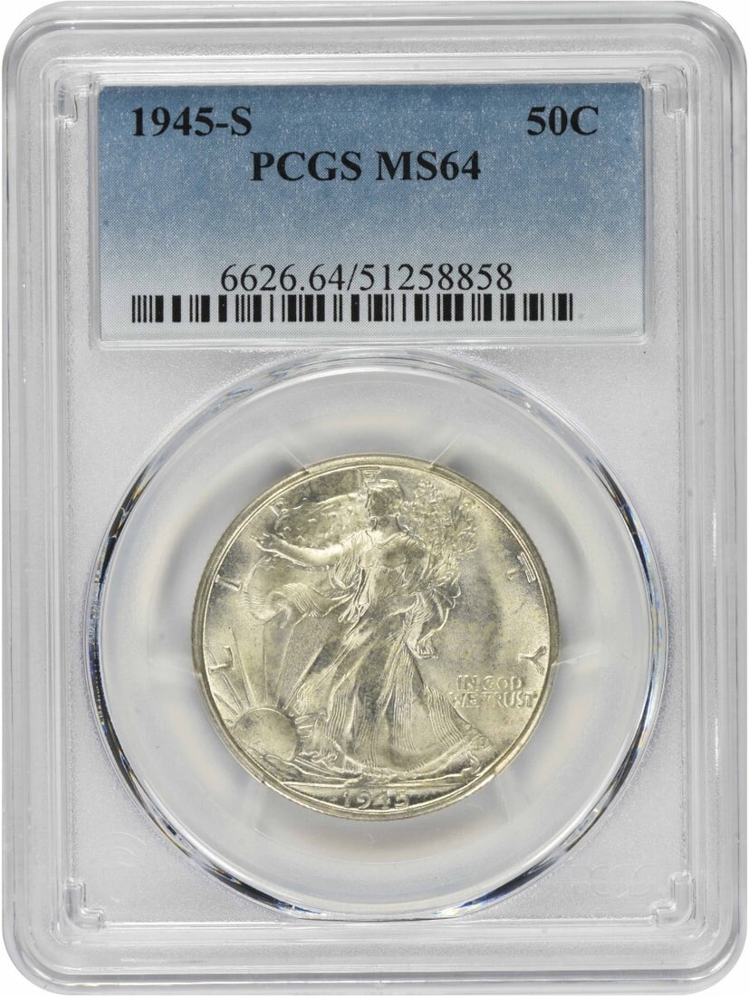1945-S Walking Liberty Half Dollar MS64 PCGS 90% Silver: 1945-S Walking Liberty Half Dollar MS64 PCGS 90% Silver This 1945-S Walking Liberty Silver Half Dollar is a stunning example of American coinage, graded MS64 by PCGS. Struck in San Francisco, this unc