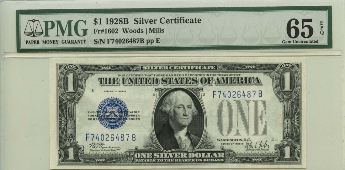 1928B $1 Silver Certificate Blue Seal PMG Gem 65 Type 1602: 1928B $1 Silver Certificate Blue Seal PMG Gem 65 Type 1602 This 1928B $1 Silver Certificate features a striking blue seal and is classified as Fr# 1602. Graded as PMG Gem 65 EPQ, this uncirculated not