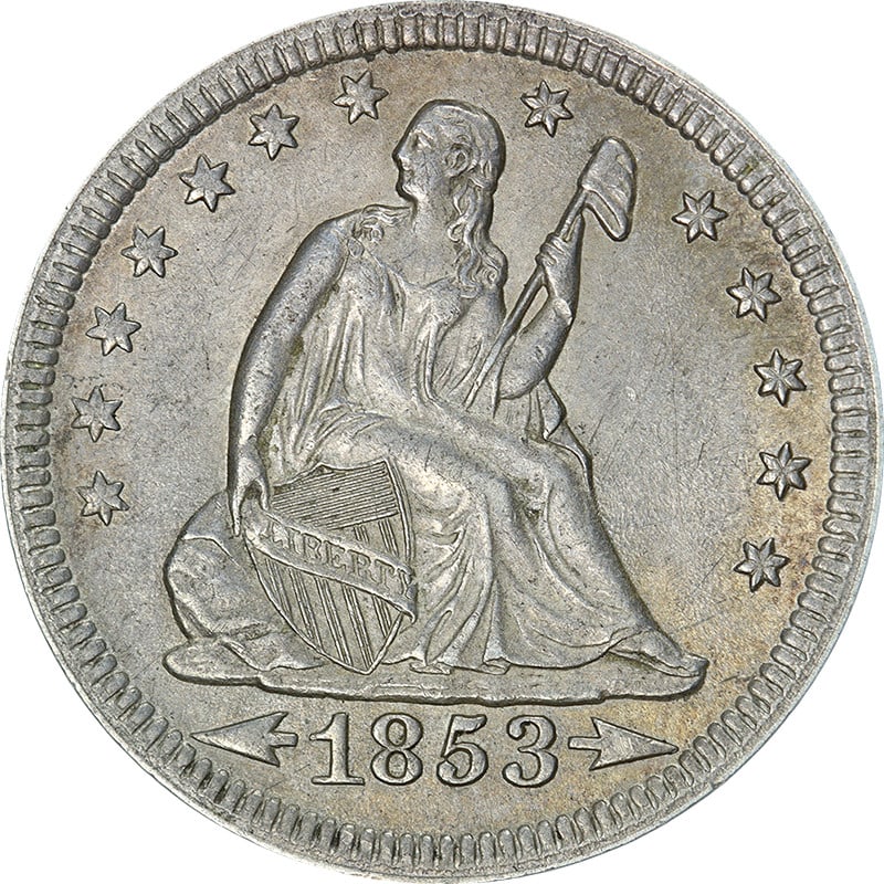 1853 Philadelphia Seated Liberty Quarter Silver Arrows and Rays AU or BU: 1853 Philadelphia Seated Liberty Quarter Silver Arrows and Rays AU or BU This 1853-P Seated Liberty Quarter features the 'Arrows & Rays' design and is graded Choice AU/BU. The coin has excellent eye a