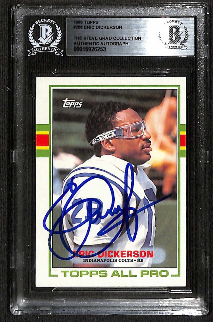 Eric Dickerson Signed 1989 Topps #206 Card Beckett Authenticated: Eric Dickerson Signed 1989 Topps #206 Card Beckett Authenticated Celebrate football history with this autographed 1989 Topps #206 sports trading card featuring Eric Dickerson, a member of the Pro Foot