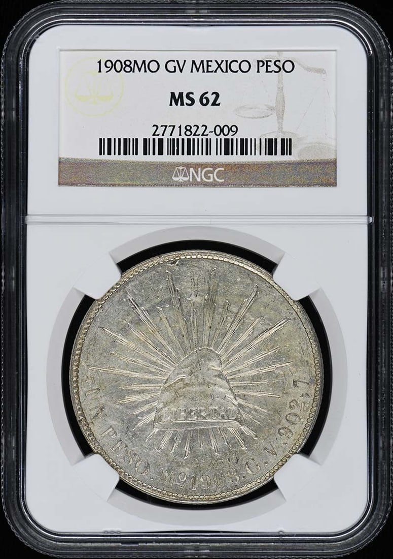 1908 Mexico Peso Coin NGC Certified MS62 Graded: 1908 Mexico Peso Coin NGC Certified MS62 Graded This is a 1908 Mexico Peso coin, certified by NGC with a grade of MS62. The coin is uncirculated and comes in pre-owned condition. Specifications Origin