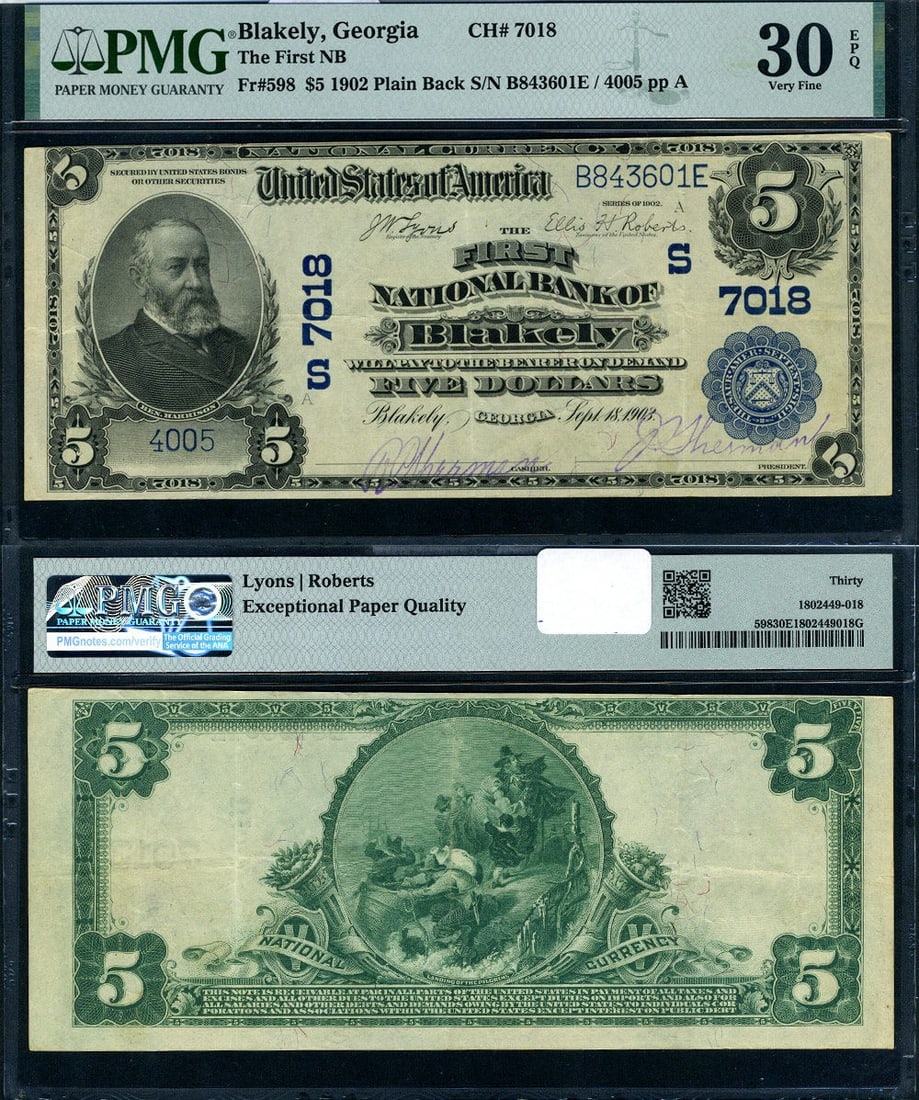 1902 Blakely GA $5 National Bank Note PMG VF30 EPQ: 1902 Blakely GA $5 National Bank Note PMG VF30 EPQ This $5 National Bank Note from Blakely, GA was issued in 1902 and is a remarkable example of historical currency. Graded by PMG as VF30 EPQ, this no