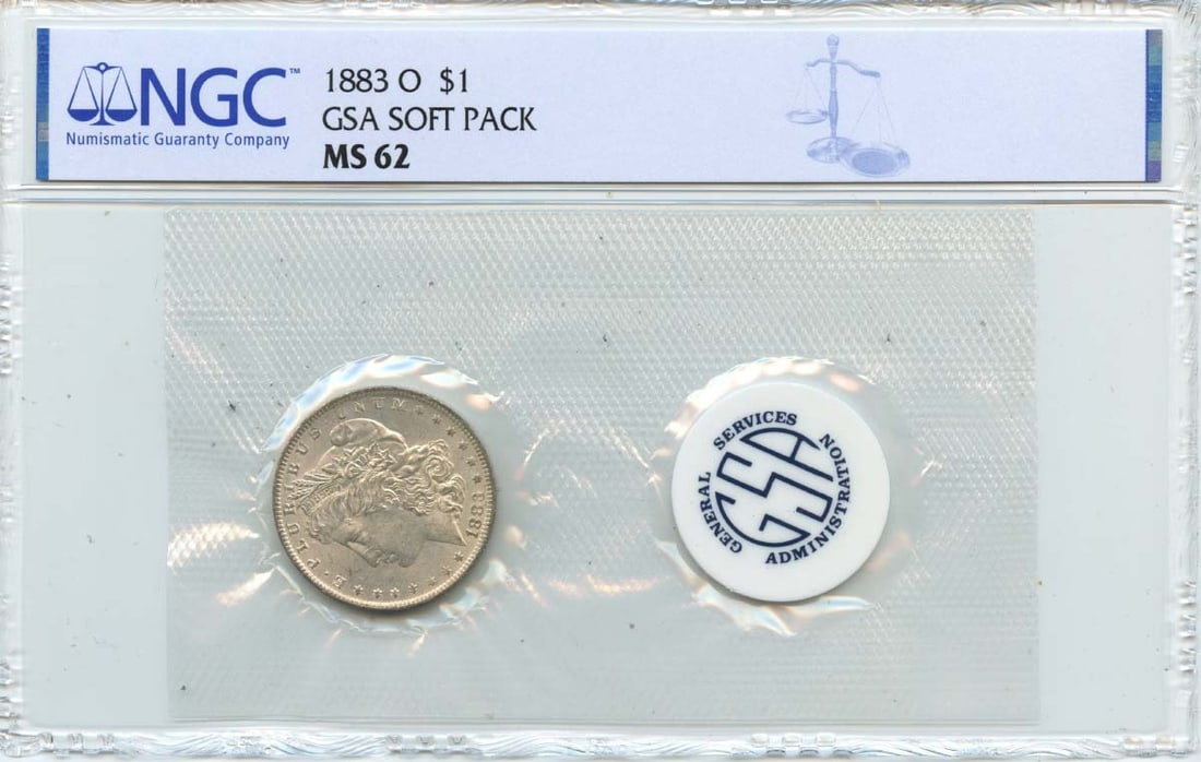NGC MS62 1883-O Morgan Silver Dollar GSA Soft Pack New Orleans Mint: NGC MS62 1883-O Morgan Silver Dollar GSA Soft Pack New Orleans Mint This is an 1883-O Morgan Dollar presented in a GSA Soft Pack, certified by NGC with a grade of MS62. This uncirculated silver dollar