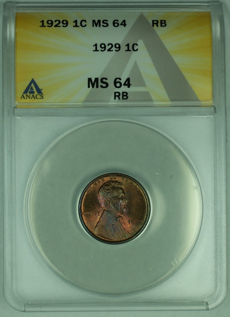 1929 Red-Brown Lincoln Wheat Cent Uncirculated ANACS MS64: 1929 Red-Brown Lincoln Wheat Cent Uncirculated ANACS MS64 This is a 1929 Lincoln Wheat Cent 1C coin from the United States, featuring a toned RB (red-brown) appearance. The coin is uncirculated, grade